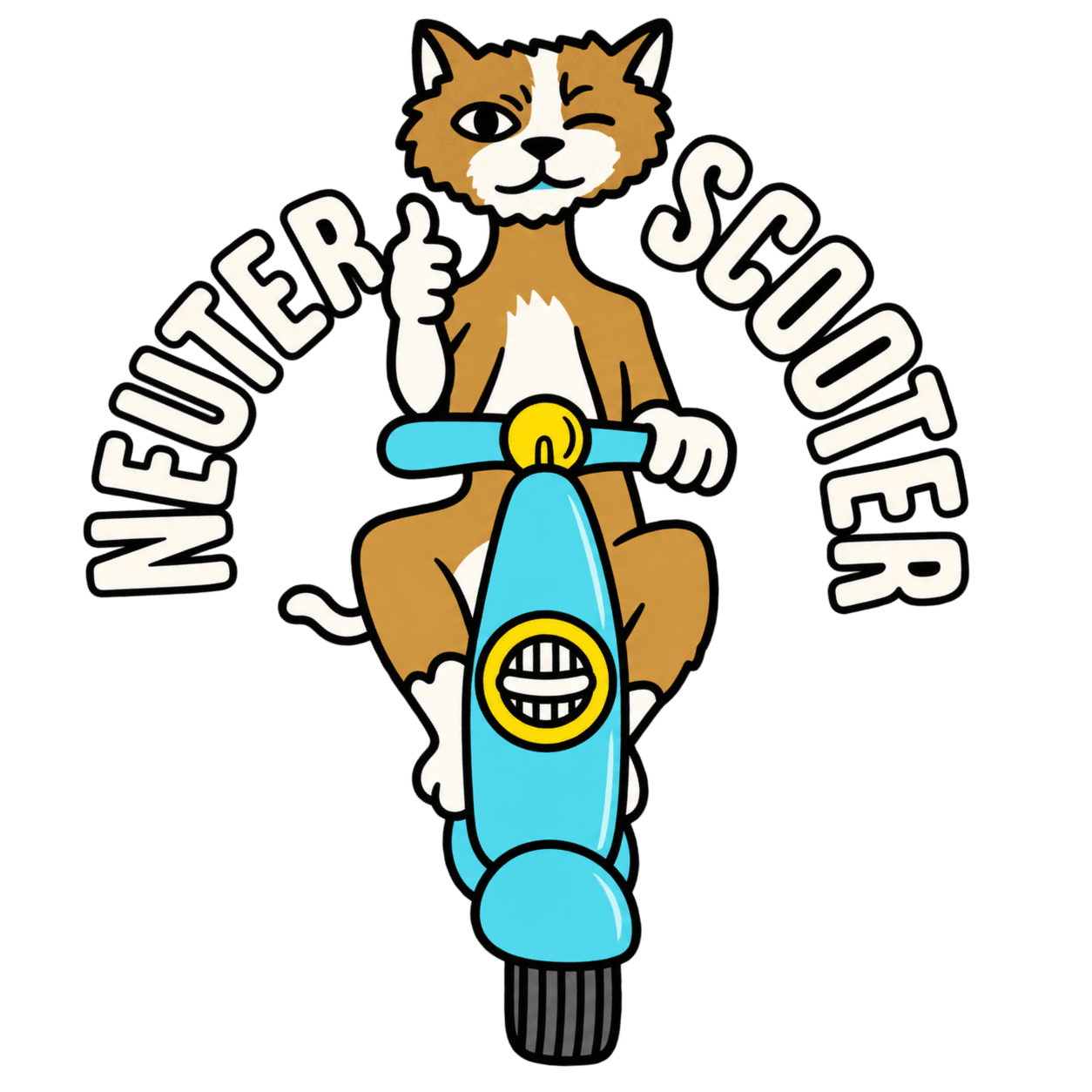 Recreated historic Neuter Scooter logo featuring a cat riding a blue scooter