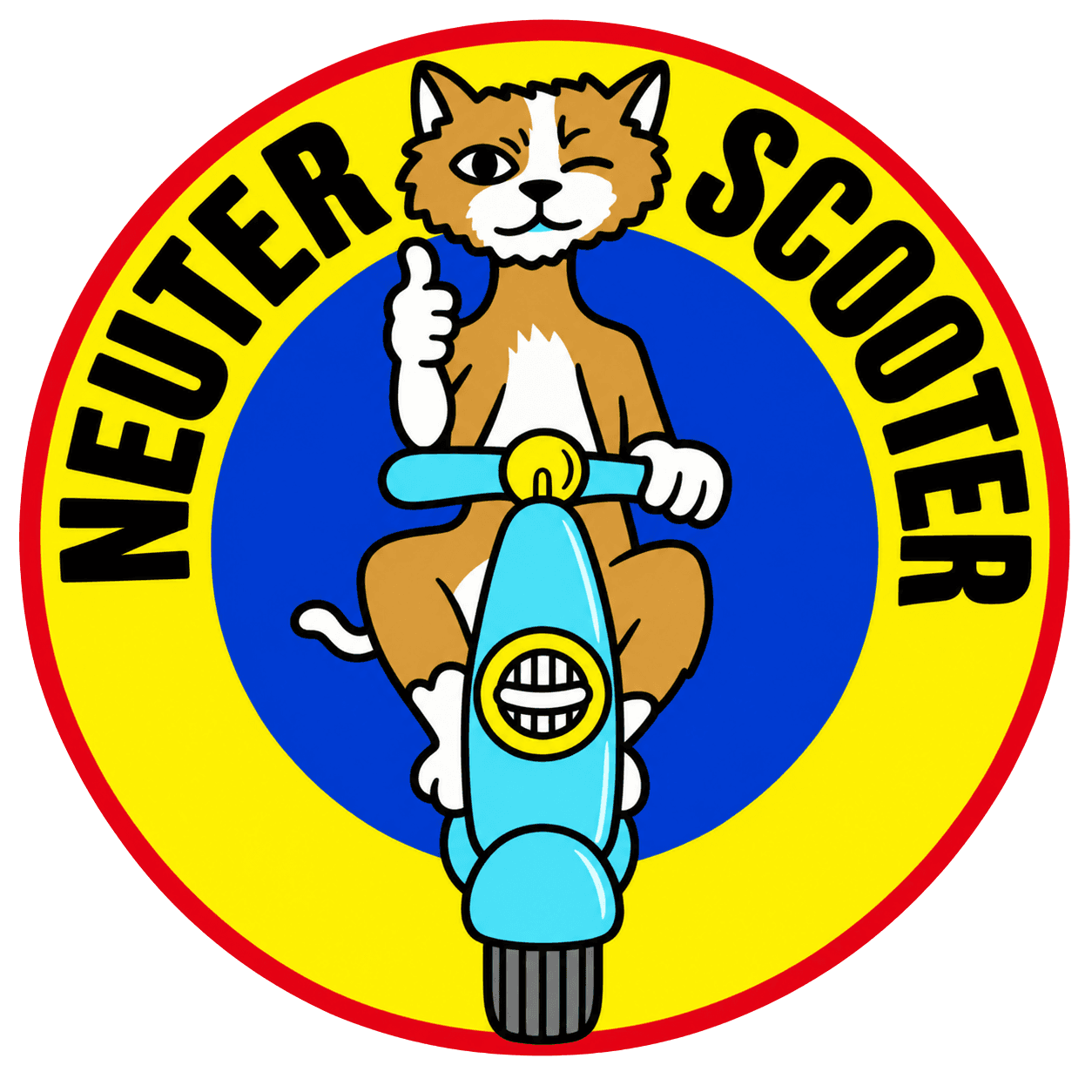 Historic Neuter Scooter round logo featuring a cat riding a blue scooter